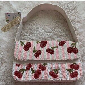 Handcrafted in India Viral Beaded Cherries Cherry Pink Striped Shoulder Bag NWT